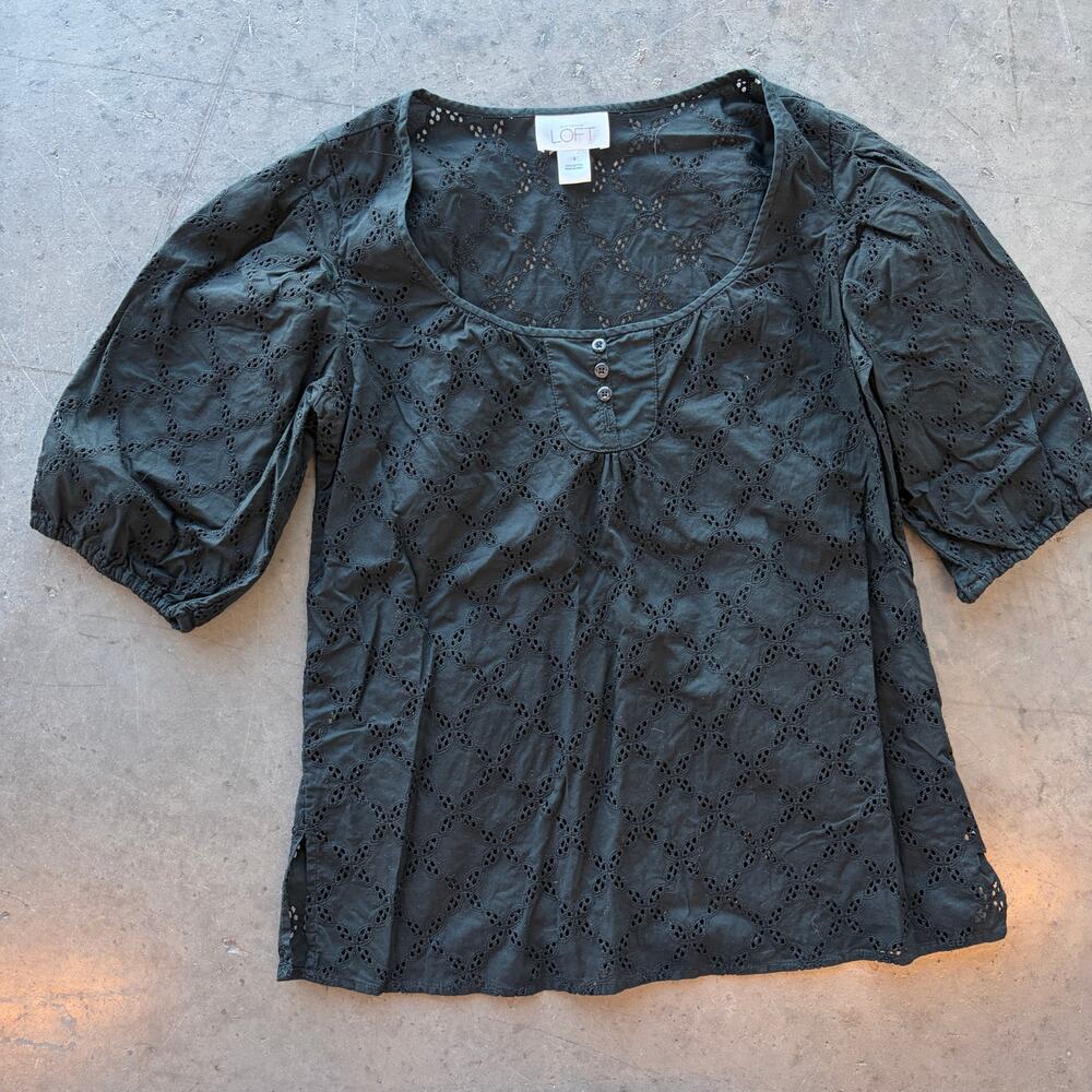Vintage Y2k the Loft Black Eyelet Casual Preppy Women's Short Sleeve Size 4